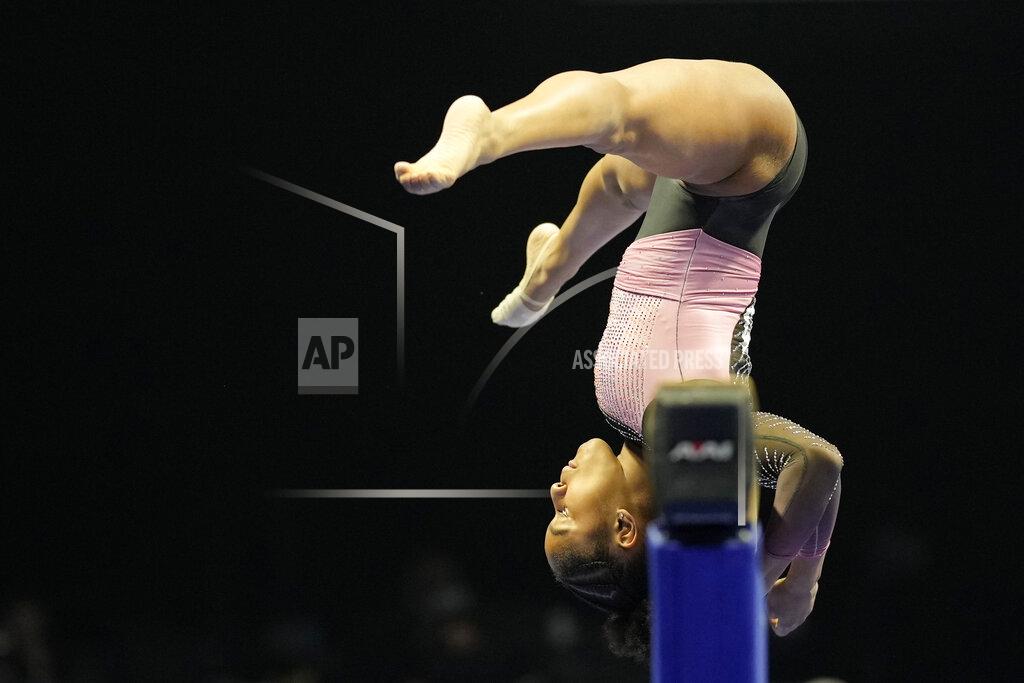 Aj Mast Skye Blakely performs her balance beam routine during the U.S. Classic gymnastics competition in Indianapolis, Saturday, May 22, 2021. (AP Photo/AJ Mast)