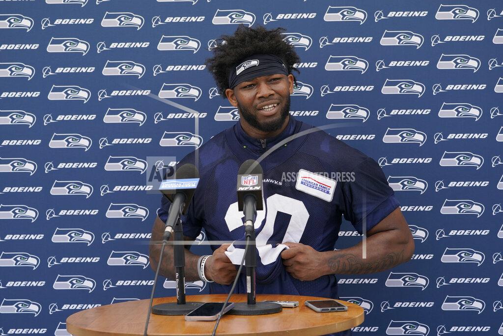 Ted S. Warren Seattle Seahawks running back Rashaad Penny talks to reporters following NFL football practice Thursday, July 29, 2021, in Renton, Wash. (AP Photo/Ted S. Warren)