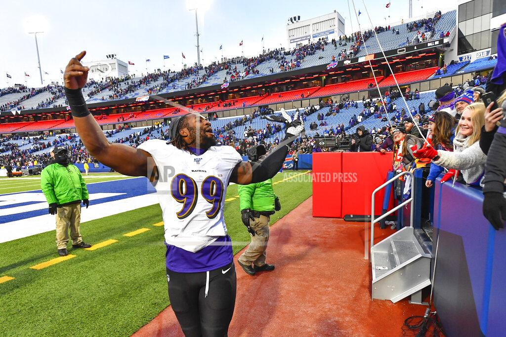 Adrian Kraus Baltimore Ravens outside linebacker Matt Judon (99) celebrates a 24-17 win over the Buffalo Bills after an NFL football game in Orchard Park, N.Y., Sunday, Dec. 8, 2019. (AP Photo/Adrian Kraus)