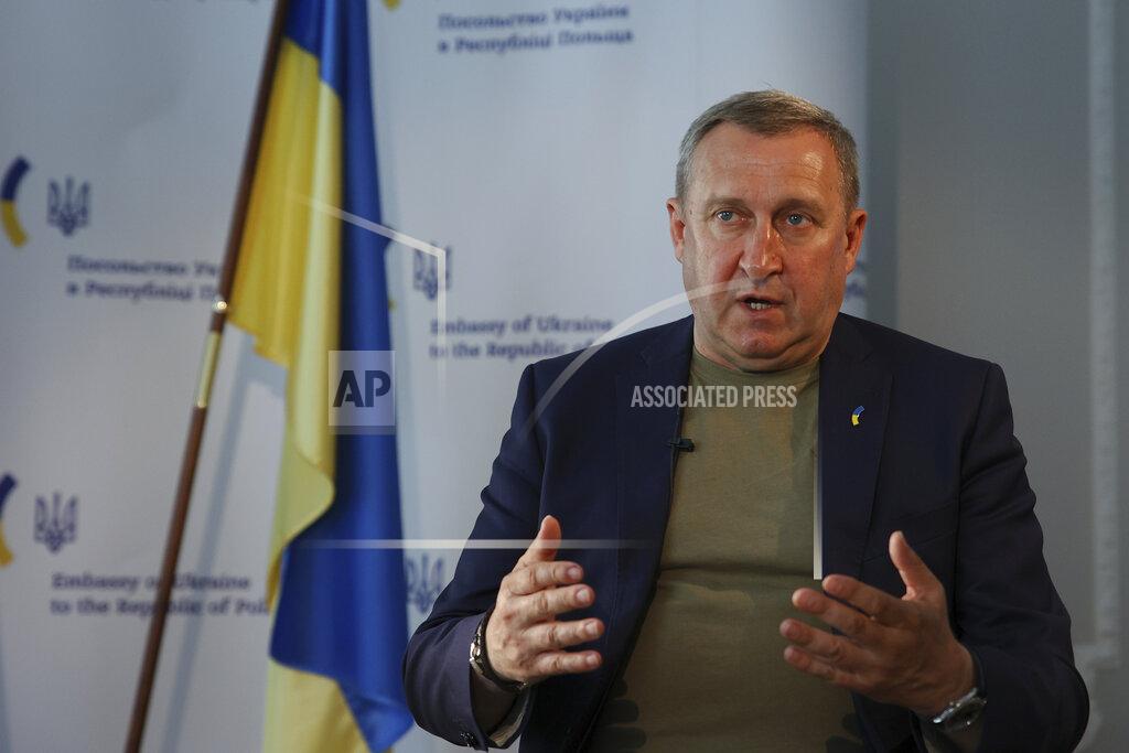 Michal Dyjuk Ukrainian Ambassador to Poland, Andrii Deshchytsia, speaks during an interview with The Associated Press in Warsaw, Poland, Friday, May 20, 2022. Ukraine's ambassador to neighboring Poland says his country is grateful for the welcome that Poles have given to millions of Ukrainians, but hopes the European Union will soon release billions of euros to Poland so that helping those fleeing the war does not come “at the cost of the Polish people.” Ambassador Andrii Deshchytsia said that while there have been no real social tensions in the three months since Ukrainians began crossing into Poland seeking safety, he worries they could appear in the future given how much Poland has done. (AP Photo/Michal Dyjuk)
