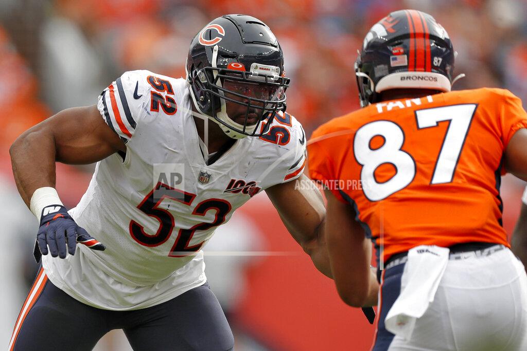 David Zalubowski Chicago Bears outside linebacker Khalil Mack (52) pursues Denver Broncos tight end Noah Fant (87) during the second half of an NFL football game, Sunday, Sept. 15, 2019, in Denver. (AP Photo/David Zalubowski)