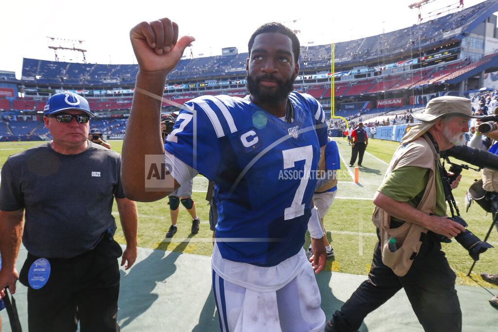 Indianapolis Colts quarterback Jacoby Brissett (7) leaves the field after the Colts beat the Tennessee Titans 19-17 in an NFL football game Sunday, Sept. 15, 2019, in Nashville, Tenn. (AP Photo/Wade Payne)
