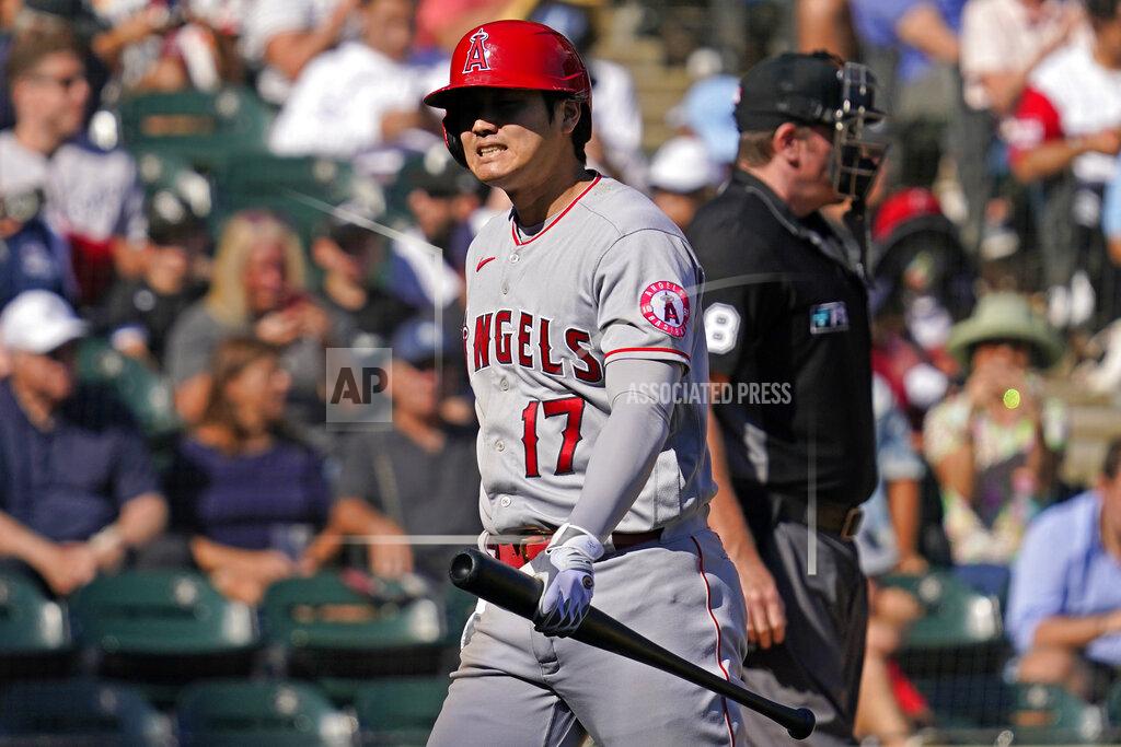 Nam Y. Huh Los Angeles Angels designated hitter Shohei Ohtani, of Japan, reacts as he walks back to the dugout after striking out swinging during the seventh inning of a baseball game against the Chicago White Sox in Chicago, Thursday, Sept. 16, 2021. (AP Photo/Nam Y. Huh)