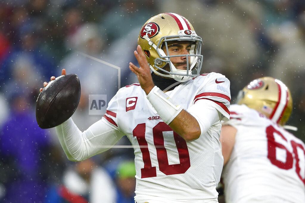 Gail Burton San Francisco 49ers quarterback Jimmy Garoppolo looks to pass the ball during the first half of an NFL football game against the Baltimore Ravens, Sunday, Dec. 1, 2019, in Baltimore, Md. (AP Photo/Gail Burton)