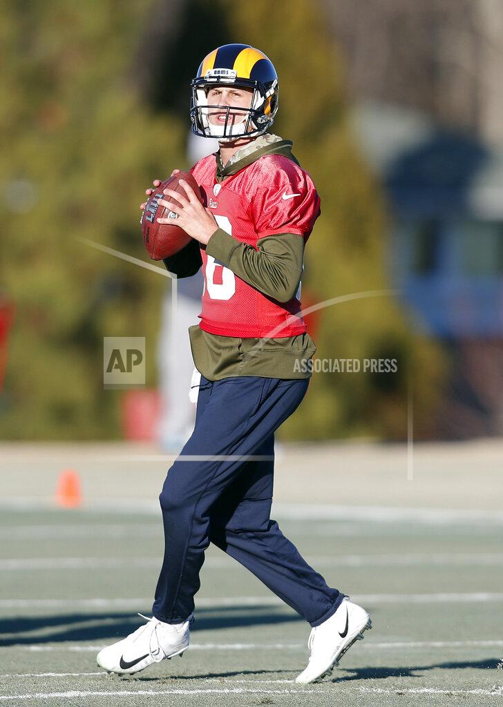 John Bazemore Los Angeles Rams quarterback Jared Goff (16) throws a pass during practice for the NFL Super Bowl 53 football game against the New England Patriots, Thursday, Jan. 31, 2019, in Flowery Branch, Ga. (AP Photo/John Bazemore)