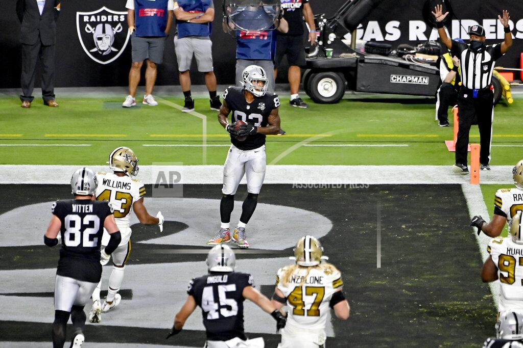 David Becker Las Vegas Raiders tight end Darren Waller (83) celebrates after catching a touchdown pass against the New Orleans Saints during the second half of an NFL football game, Monday, Sept. 21, 2020, in Las Vegas. (AP Photo/David Becker)