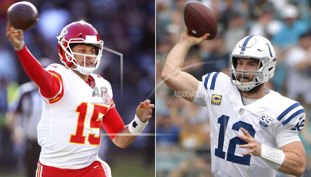 Uncredited FILE - At left, in a Dec. 2, 2018, file photo, Kansas City Chiefs quarterback Patrick Mahomes (15) passes against the Oakland Raiders during an NFL football game in Oakland, Calif. At right , also in a Dec. 2, 2018, file photo, Indianapolis Colts quarterback Andrew Luck (12) throws a pass against the Jacksonville Jaguars during the first half of an NFL football game in Jacksonville, Fla. The Colts play the Chiefs in a divisional playoff game on Saturday, Jan. 12, 2019. (AP Photo/File)