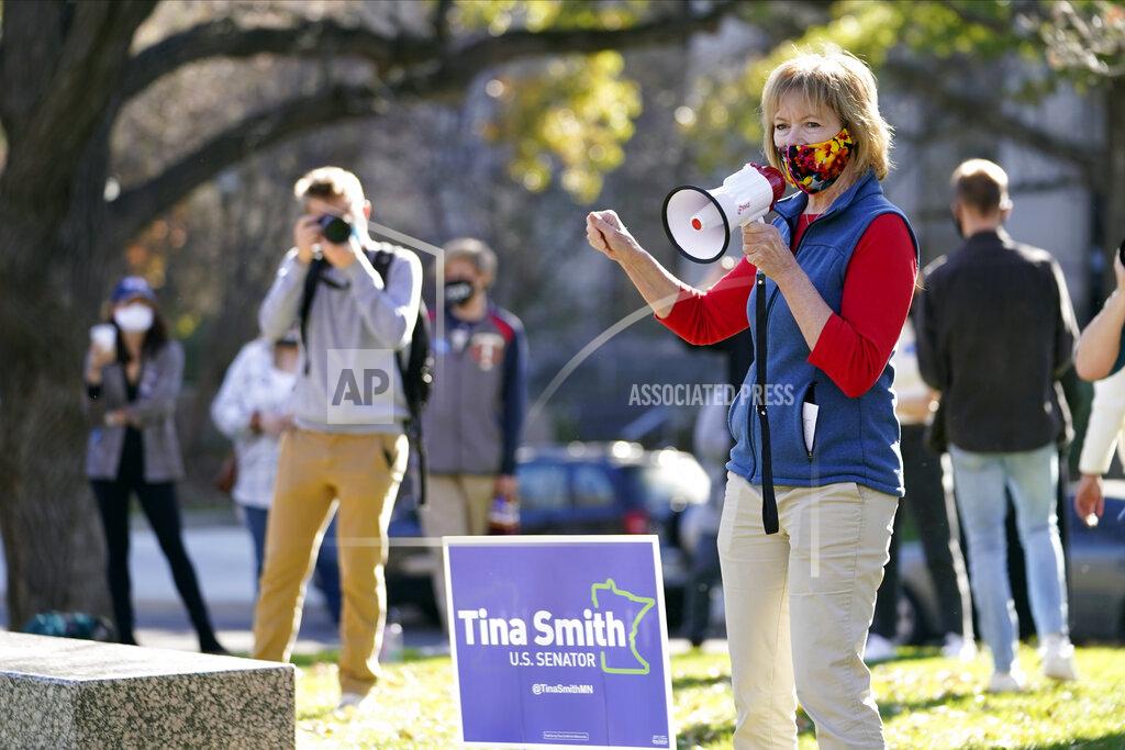 Jim Mone U.S. Sen. Tina Smith, D-Minn., addresses students at the University of Minnesota on Election Day, Tuesday, Nov. 3, 2020, in Minneapolis.Smith faces Republican Jason Lewis in the Senate race in Minnesota. (AP Photo/Jim Mone)