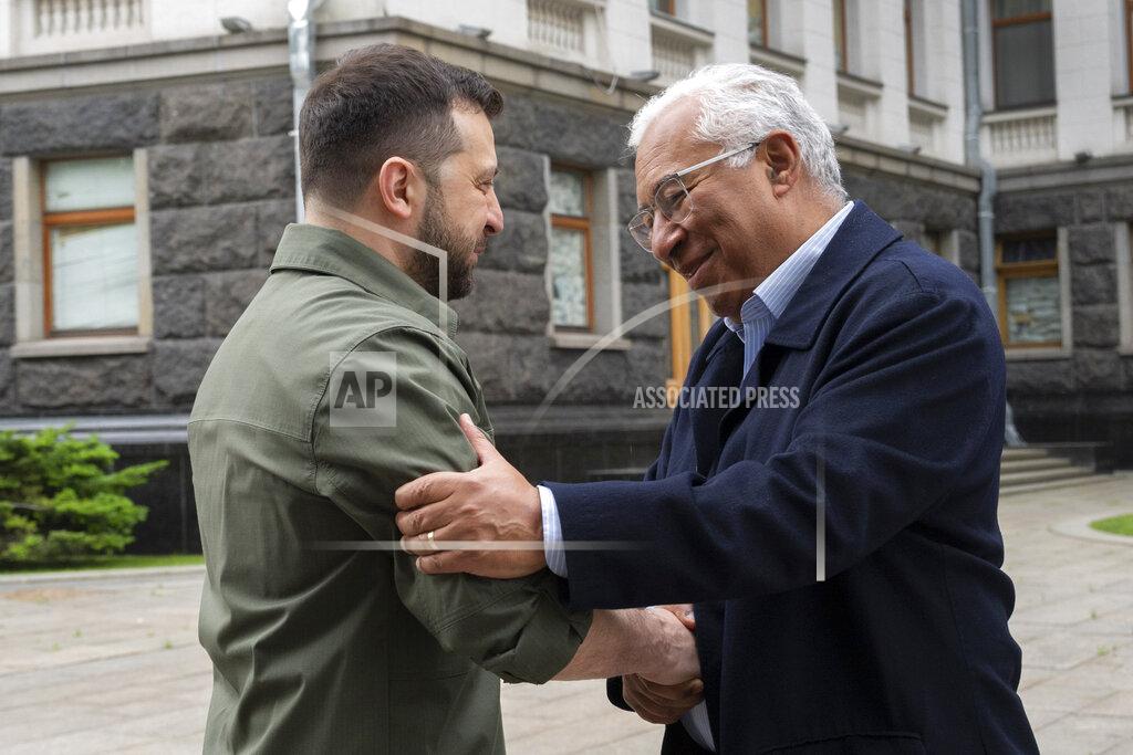 Uncredited In this photo provided by the Ukrainian Presidential Press Office, Ukrainian President Volodymyr Zelenskyy, left, greets Portuguese Prime Minister Antonio Costa, during their meting in Kyiv, Ukraine, Saturday, May 21, 2022. (Ukrainian Presidential Press Office via AP)