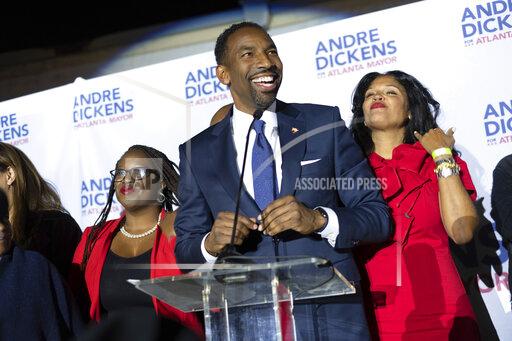 Atlanta mayoral runoff candidate Andre Dickens gives his victory speech Tuesday, Nov. 30, 2021, in Atlanta. Dickens, a city council member, won the runoff, riding a surge of support that powered him past the council’s current president, Felicia Moore, after finishing second to her in November. (AP Photo/Ben Gray)
