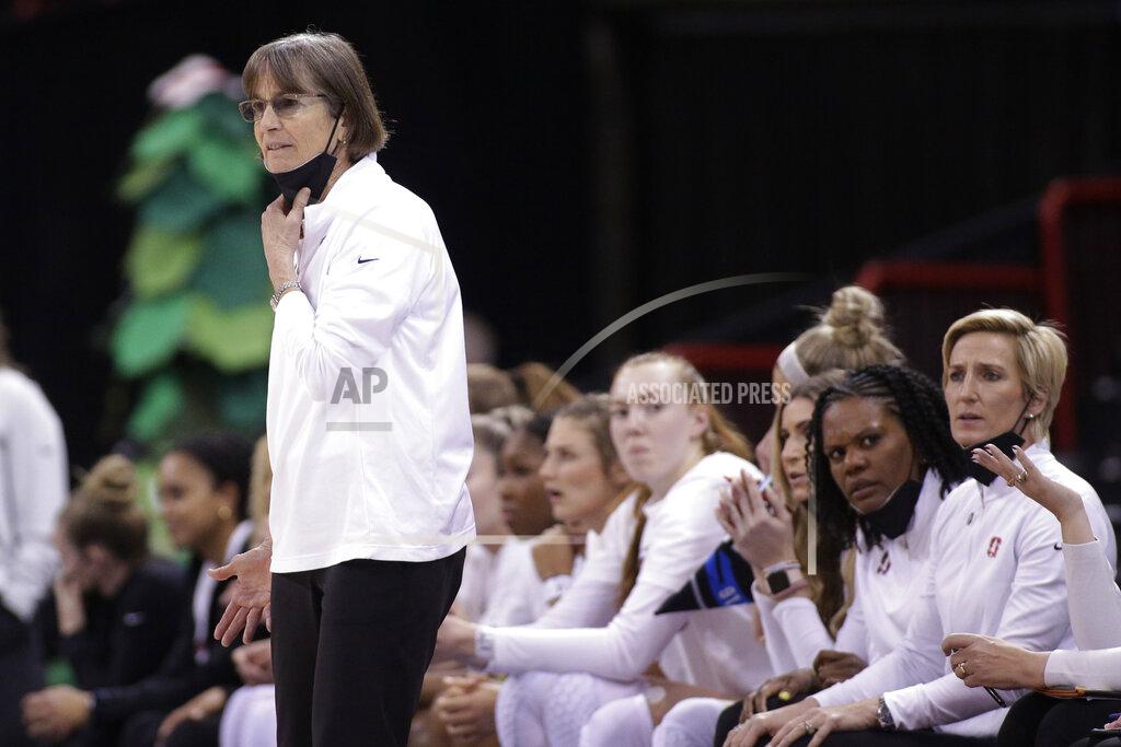 Young Kwak Stanford head coach Tara VanDerveer washes from the bench during the first half of a college basketball game against Maryland in the Sweet 16 round of the NCAA tournament, Friday, March 25, 2022, in Spokane, Wash. (AP Photo/Young Kwak)