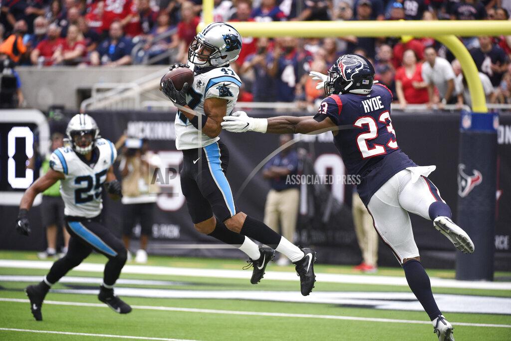 Eric Christian Smith Carolina Panthers defensive back Ross Cockrell (47) makes interception against the Houston Texans during the first half of an NFL football game Sunday, Sept. 29, 2019, in Houston. (AP Photo/Eric Christian Smith)