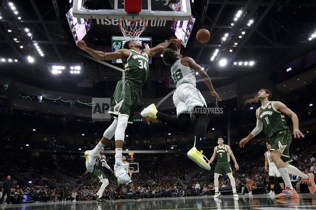 Morry Gash Milwaukee Bucks' Giannis Antetokounmpo blocks a shot of Boston Celtics' Marcus Smart during the second half of Game 6 of an NBA basketball Eastern Conference semifinals playoff series Friday, May 13, 2022, in Milwaukee. The Celtics won 108-95 to tie the series at 3-3. (AP Photo/Morry Gash)