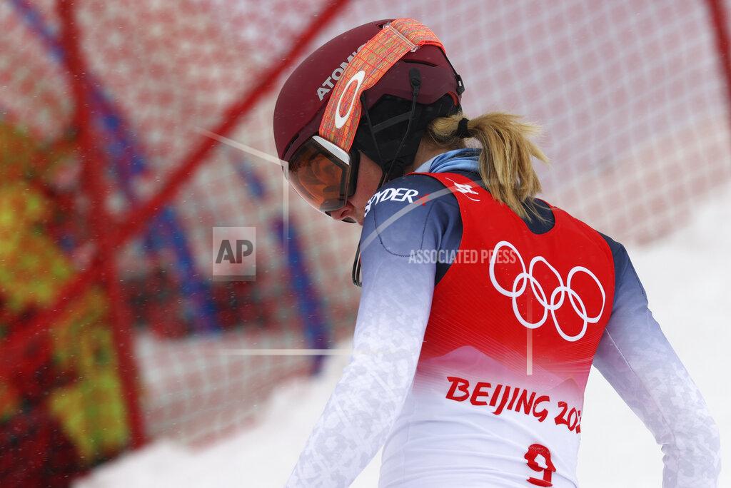 Alessandro Trovati Mikaela Shiffrin of the United States stands on the side of the course after skiing out during the women's combined slalom at the 2022 Winter Olympics, Thursday, Feb. 17, 2022, in the Yanqing district of Beijing. (AP Photo/Alessandro Trovati)