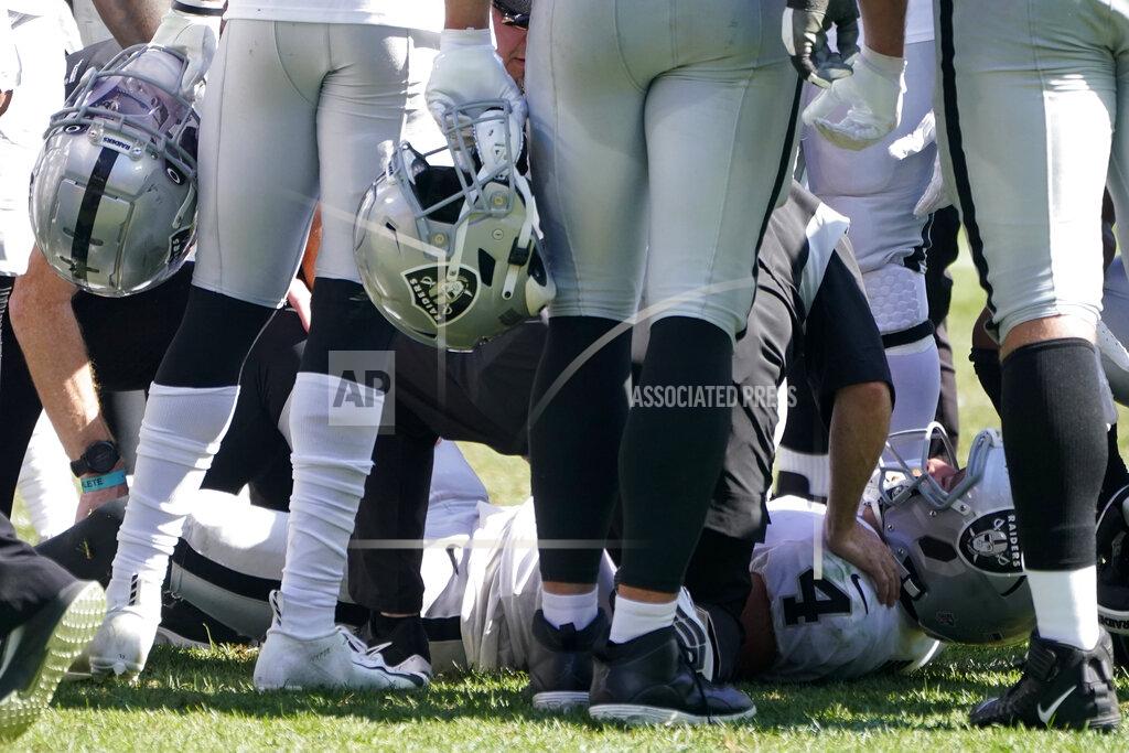 Keith Srakocic Las Vegas Raiders quarterback Derek Carr (4) is injured on a play during the second half of an NFL football game against the Pittsburgh Steelers in Pittsburgh, Sunday, Sept. 19, 2021. Carr remained in the game. (AP Photo/Keith Srakocic)