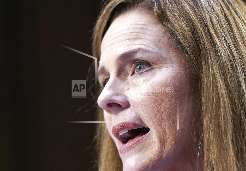 Alex Edelman Supreme Court nominee Amy Coney Barrett speaks during a confirmation hearing before the Senate Judiciary Committee, Monday, Oct. 12, 2020, on Capitol Hill in Washington. (Alex Edelman/Pool via AP)