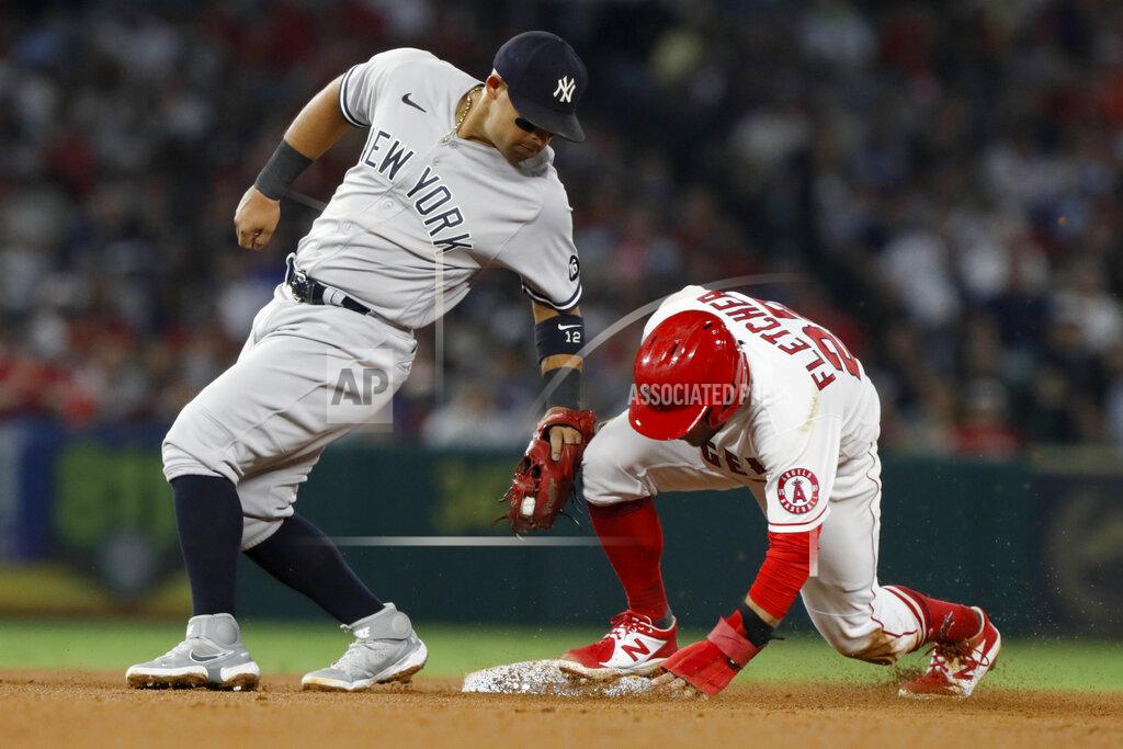 Alex Gallardo Los Angeles Angels' David Fletcher, right, steals second base as New York Yankees third baseman Rougned Odor puts on the late tag during the fourth inning of a baseball game in Anaheim, Calif., Tuesday, Aug. 31, 2021. (AP Photo/Alex Gallardo)