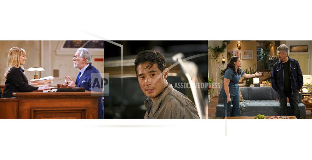 Jordin Althaus These images released by NBC shows, from left, Melissa Rauch and John Larroquette in a scene from "Night Court," Raymond Lee in a scene from the pilot episode of "Quantum Leap," and Mayan Lopez and George Lopez in a scene from "Lopez vs Lopez." The three series will debut in the fall. (Jordin Althaus, from left,/Serguei Bachlakov/Casey Durkin/NBC via AP)