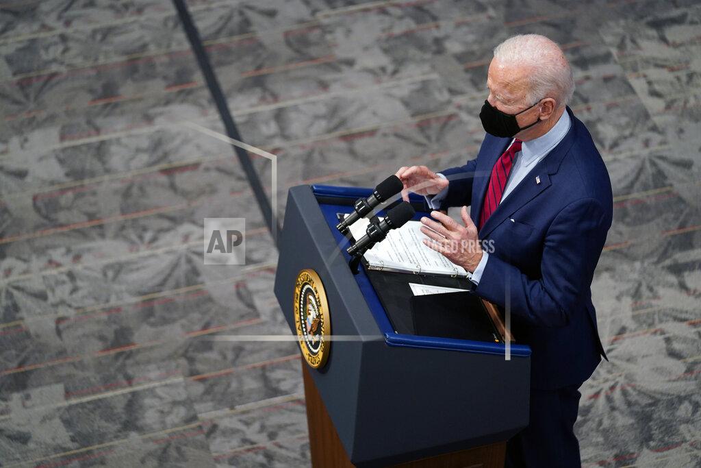 President Joe Biden speaks after a tour of the James Cancer Hospital and Solove Research Institute at The Ohio State University, Tuesday, March 23, 2021, in Columbus, Ohio. (AP Photo/Evan Vucci)