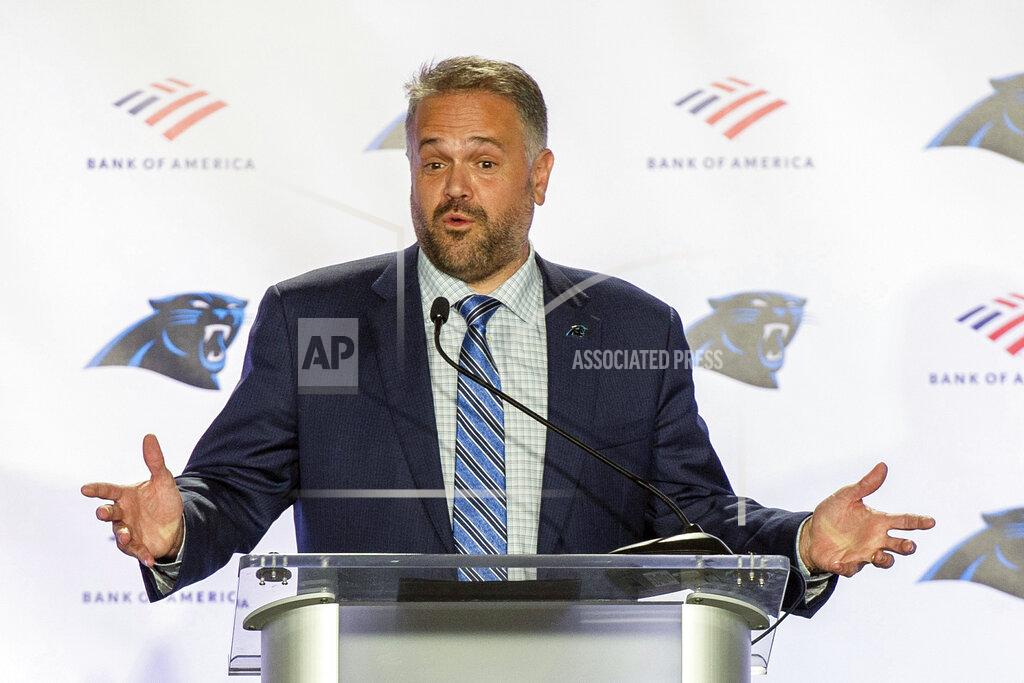 FILE - In this Jan. 8, 2020, file photo, Carolina Panthers NFL football team head coach Matt Rhule talks to the media during a news conference at the teams practice facility in Charlotte, N.C. The transition from being a head coach in college to the NFL is never easy. But it's even more difficult this year for Panthers coach Matt Rhule, who is trying to build a team and some sense of chemistry virtually due to the coronavirus pandemic. (AP Photo/Mike McCarn, File)