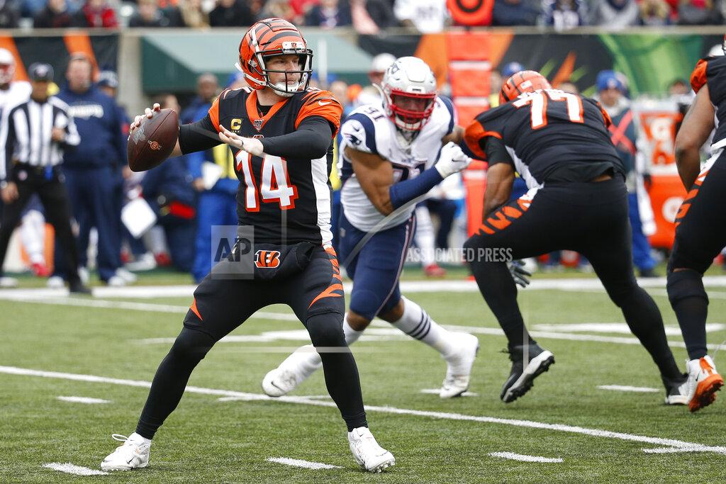 Frank Victores Cincinnati Bengals quarterback Andy Dalton (14) passes in the first half of an NFL football game against the New England Patriots, Sunday, Dec. 15, 2019, in Cincinnati. (AP Photo/Frank Victores)