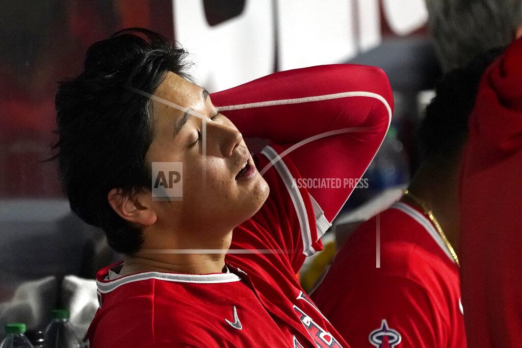 Charles Rex Arbogast Los Angeles Angels' Shohei Ohtani sits in the dugout after being called out on strikes during the fourth inning of the team's baseball game against the Chicago White Sox on Tuesday, Sept. 14, 2021, in Chicago. (AP Photo/Charles Rex Arbogast)