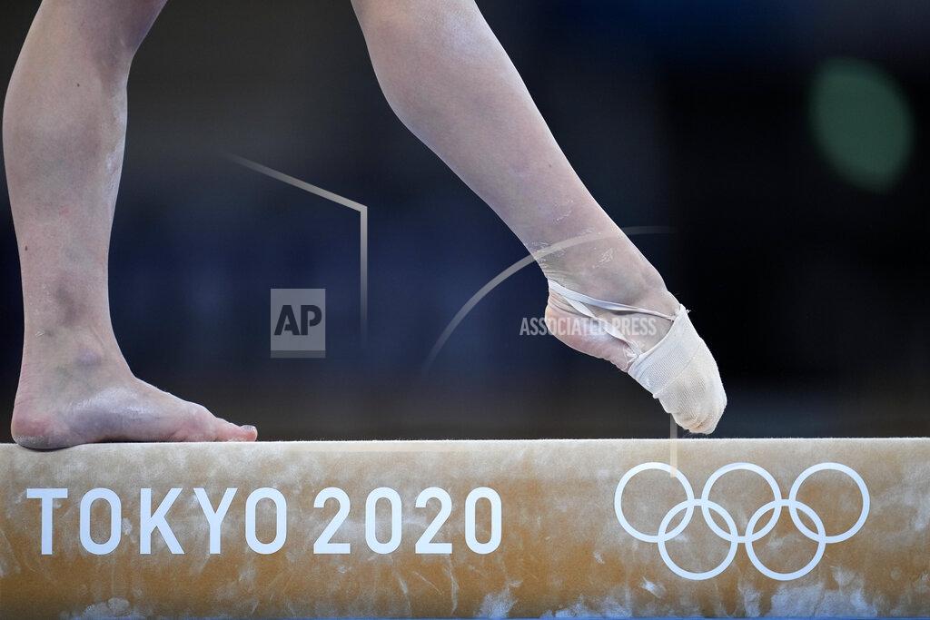 Natacha Pisarenko Liliia Akhaimova, of Russian Olympic Committee, performs on the balance beam during the women's artistic gymnastic qualifications at the 2020 Summer Olympics, Sunday, July 25, 2021, in Tokyo. (AP Photo/Natacha Pisarenko)