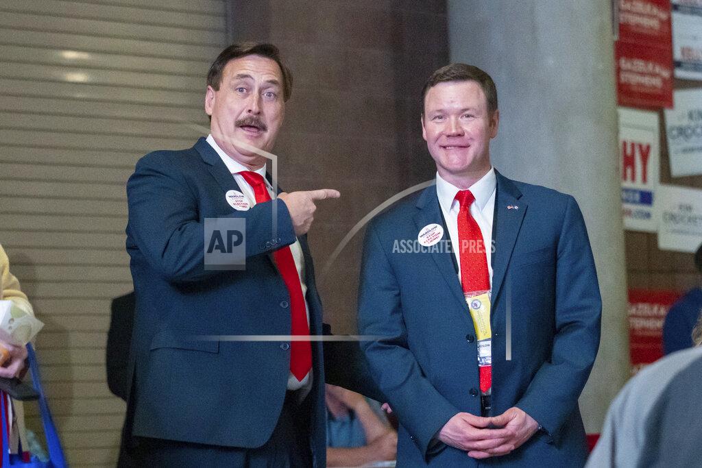 Glen Stubbe My Pillow CEO Mike Lindell points to GOP candidate for attorney general Doug Wardlow during the first day of the Minnesota State Republican Convention, Friday, May 13, 2022, at the Mayo Civic Center in. Rochester, Minn. (Glen Stubbe/Star Tribune via AP)