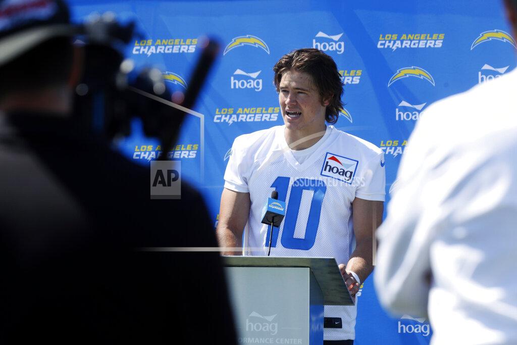 Alex Gallardo Los Angeles Chargers quarterback Justin Herbert talks during a news conference after practice at the NFL football team's training camp in Costa Mesa, Calif., Wednesday, July 28, 2021. (AP Photo/Alex Gallardo)