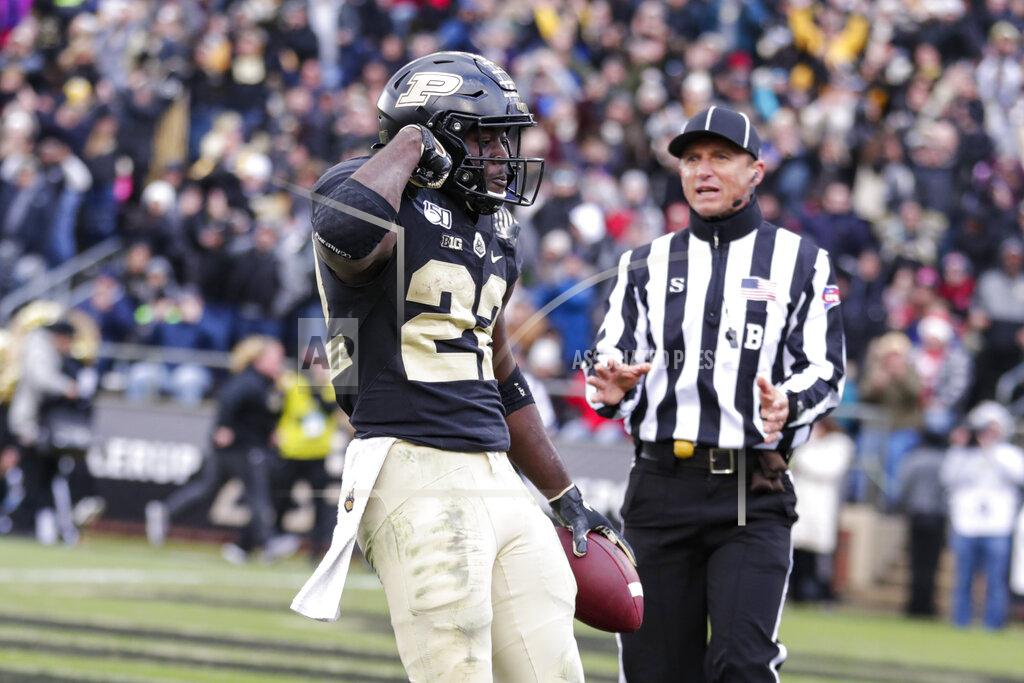 Michael Conroy Purdue running back King Doerue (22) celebrates a touchdown against Nebraska during the second half of an NCAA college football game in West Lafayette, Ind., Saturday, Nov. 2, 2019. Purdue defeated Nebraska 31-27. (AP Photo/Michael Conroy)