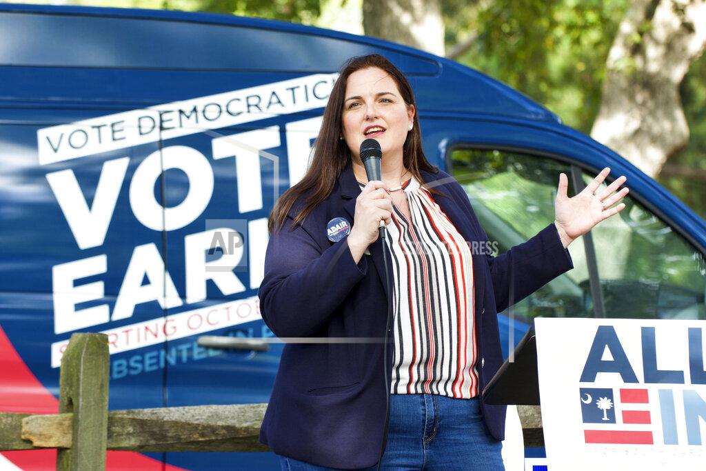 Colin Demarest In this Oct. 22, 2020 photo, Democratic U.S. House candidate Adair Ford Boroughs speaks at an outdoor town-hall event at Perry Memorial Park, in Aiken, S.C. Boroughs is running against U.S. Rep. Joe Wilson, R-Springdale, in her first political race. (Colin Demarest/The Aiken Standard via AP)