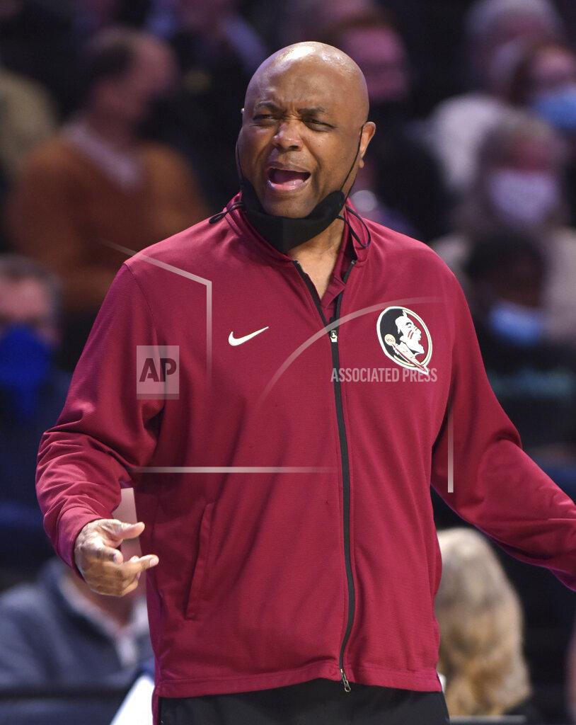 Walt Unks Florida State head coach Leonard Hamilton reacts to a call against the Seminoles in the first half of an NCAA college basketball game against Wake Forest, Tuesday, Jan. 4, 2022 at Joel Coliseum in Winston-Salem, N.C. (Walt Unks/The Winston-Salem Journal via AP)