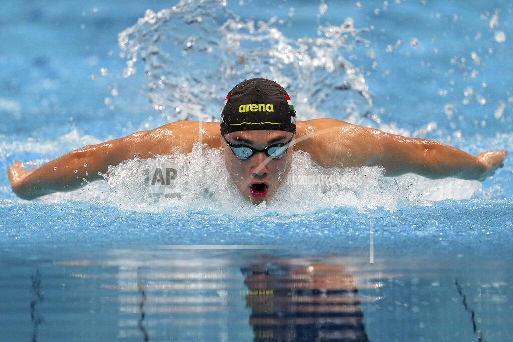 Matthias Schrader Kristof Milak of Hungary swims in a men's 200-meter butterfly final at the 2020 Summer Olympics, Wednesday, July 28, 2021, in Tokyo, Japan. (AP Photo/Matthias Schrader)