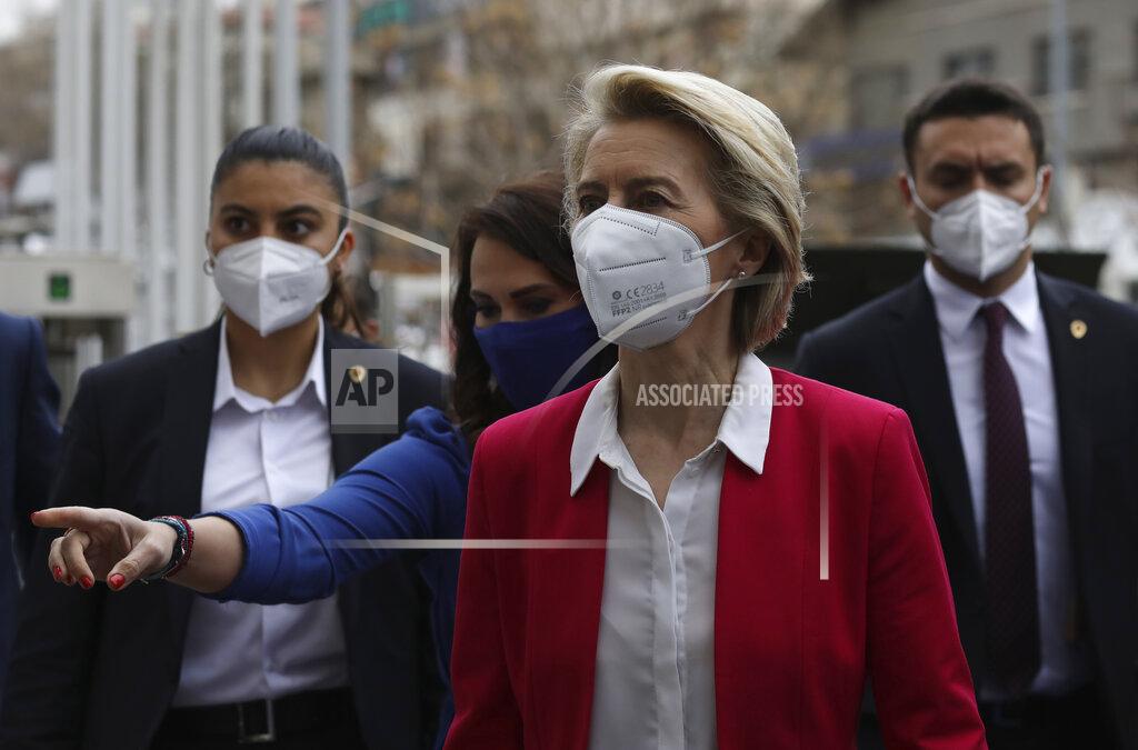 Burhan Ozbilici European Commission President Ursula von der Leyen arrives for a joint news conference after talks with Turkey's President Recep Tayyip Erdogan, in Ankara, Turkey, Tuesday, April 6, 2021. Top European Union officials met with Erdogan in Ankara on Tuesday, weeks after EU leaders agreed to boost trade and improve cooperation on migration following conciliatory steps from Turkey. (AP Photo/Burhan Ozbilici)