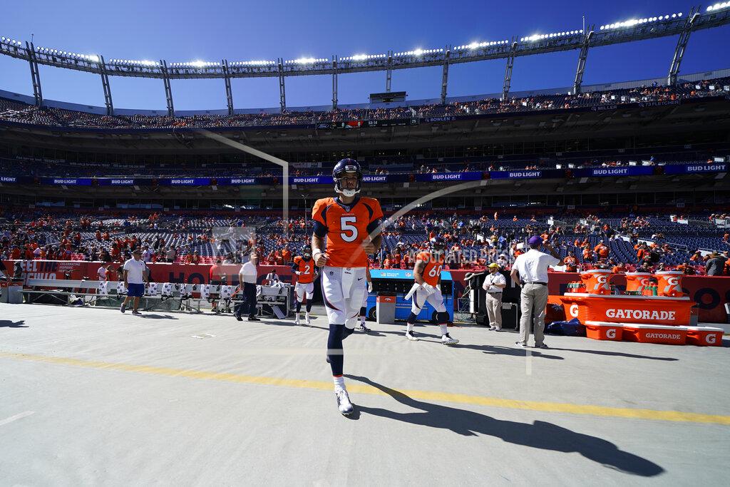 Jack Dempsey Denver Broncos quarterback Joe Flacco walks onto the field before an NFL football game against the Jacksonville Jaguars, Sunday, Sept. 29, 2019, in Denver. (AP Photo/Jack Dempsey)
