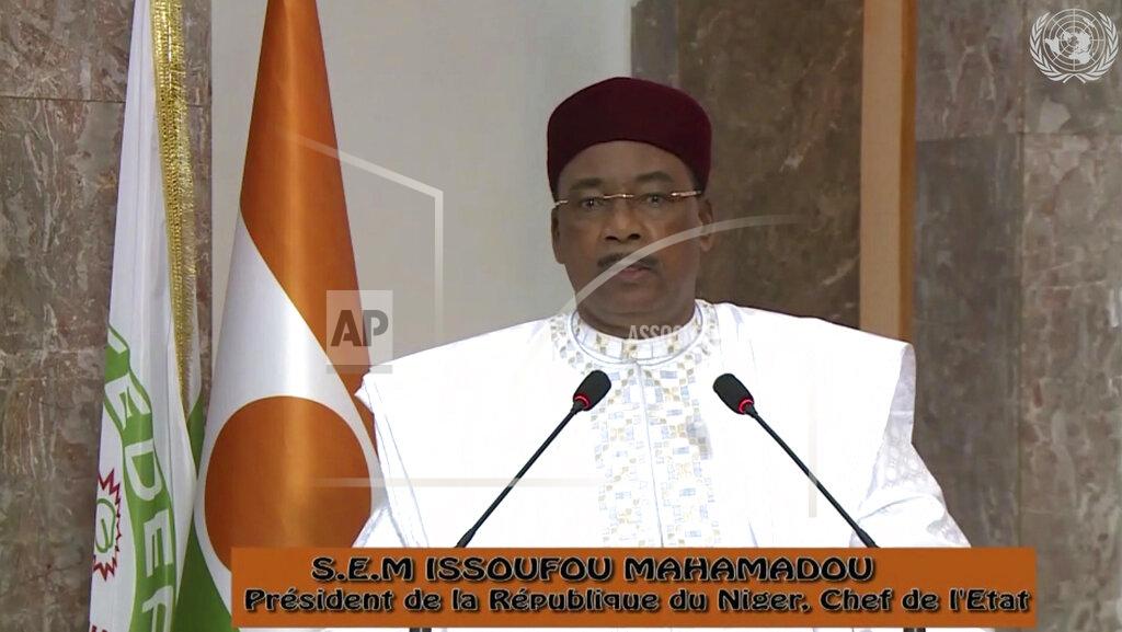 Uncredited In this image made from UNTV video, Mahamadou Issoufou, President of the Niger, speaks in a pre-recorded message which was played during the 75th session of the United Nations General Assembly, Thursday Sept. 24, 2020, at UN headquarters. (UNTV via AP)