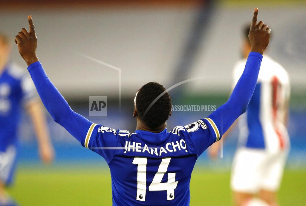 Andrew Boyers Leicester's Kelechi Iheanacho celebrates after scoring his side's second goal during the English Premier League soccer match between Leicester City and Crystal Palace at the King Power Stadium in Leicester, England, Monday, April 26, 2021.(Andrew Boyers/Pool via AP)