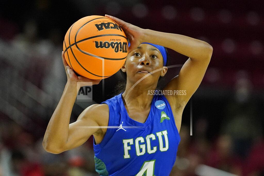 Julio Cortez Florida Gulf Coast guard Tishara Morehouse shoots against Maryland during the first half of a college basketball game in the second round of the NCAA tournament, Sunday, March 20, 2022, in College Park, Md. (AP Photo/Julio Cortez)
