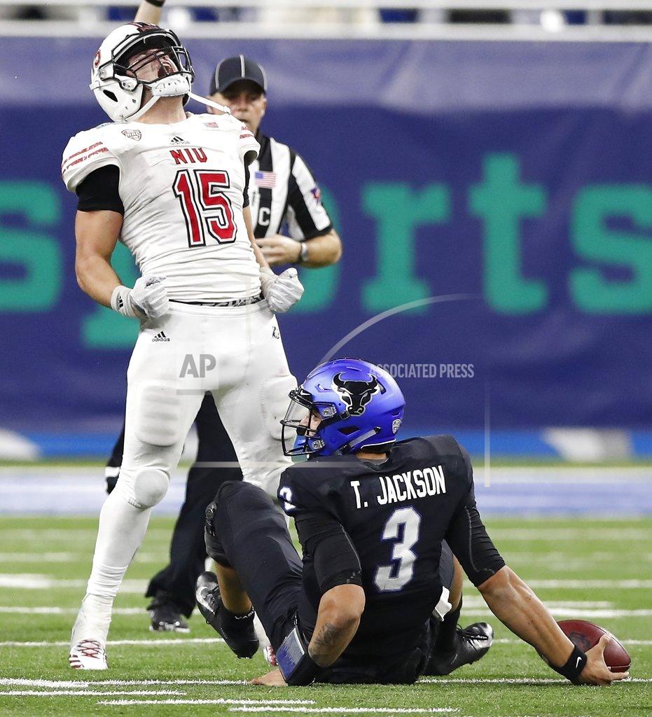 Carlos Osorio Northern Illinois defensive end Sutton Smith (15) reacts after sacking Buffalo quarterback Tyree Jackson (3) during the second half of the Mid-American Conference championship NCAA college football game, Friday, Nov. 30, 2018, in Detroit. (AP Photo/Carlos Osorio)