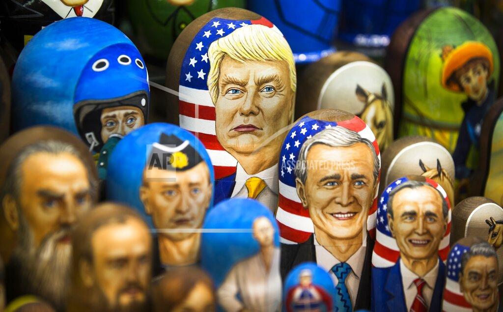 Alexander Zemlianichenko FILE - In this file photo taken on Thursday, March 2, 2017, Matryoshkas, traditional Russian wooden dolls, including a doll of U.S. President Donald Trump, top, are displayed for sale in Moscow, Russia. From Moscow, the U.S. election looks like a contest between "who dislikes Russia most," according to Kremlin spokesman Dmitry Peskov. Russian President Vladimir Putin is frustrated with President Donald Trump's failure to deliver on his promise to fix ties between the countries. But Democratic challenger Joe Biden does not offer the Kremlin much hope either. (AP Photo/Alexander Zemlianichenko, File)