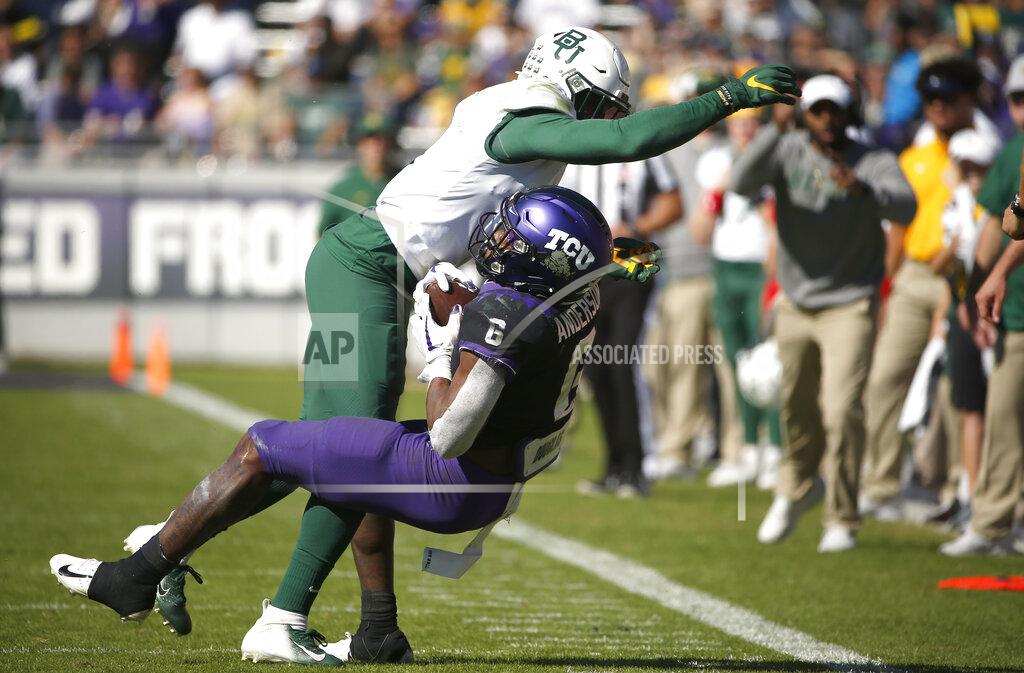 Ron Jenkins Baylor cornerback Jameson Houston (11) knocks down TCU running back Darius Anderson (6) during the second half of an NCAA college football game, Saturday, Nov. 9, 2019, in Fort Worth, Texas. Baylor won 29-23 in triple overtime. (AP Photo/Ron Jenkins)
