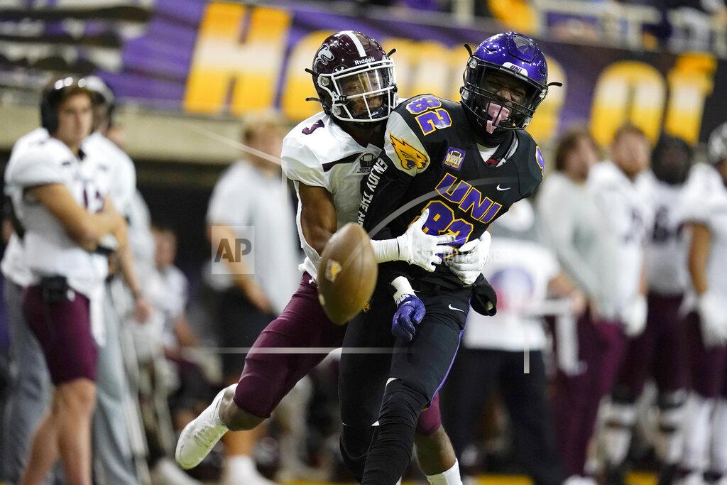 Charlie Neibergall Southern Illinois defensive tackle Jajuan Blankenship (3) breaks up a pass intended for Northern Iowa wide receiver Sergio Morancy (82) during the first half of an NCAA college football game, Saturday, Oct. 30, 2021, in Cedar Falls, Iowa. (AP Photo/Charlie Neibergall)