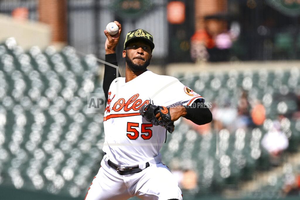 Terrance Williams Baltimore Orioles relief pitcher Dillon Tate (55) throws during the sixth inning of a baseball game against the Tampa Bay Rays, Sunday, May 22, 2022, in Baltimore. (AP Photo/Terrance Williams)