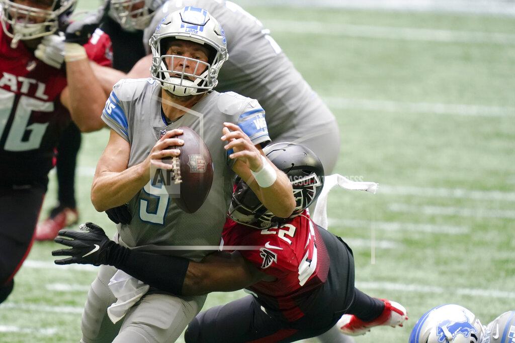 Brynn Anderson Detroit Lions quarterback Matthew Stafford (9) is sacked by Atlanta Falcons strong safety Keanu Neal (22) during the second half of an NFL football game, Sunday, Oct. 25, 2020, in Atlanta. (AP Photo/Brynn Anderson)