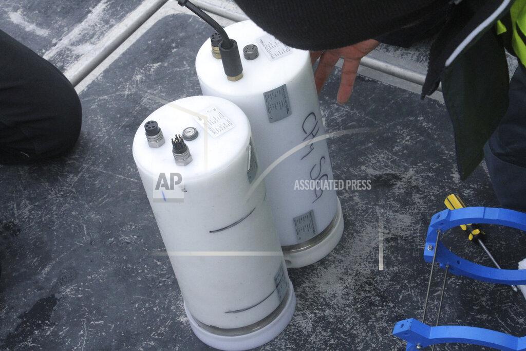 Mark Thiessen This May 4, 2022, photo shows sensors to measure carbon dioxide and methane, to be used separately on an underwater glider in the Gulf of Alaska. The glider was fitted with special sensors to collect an enormous amount of data to study ocean acidification. (AP Photo/Mark Thiessen)