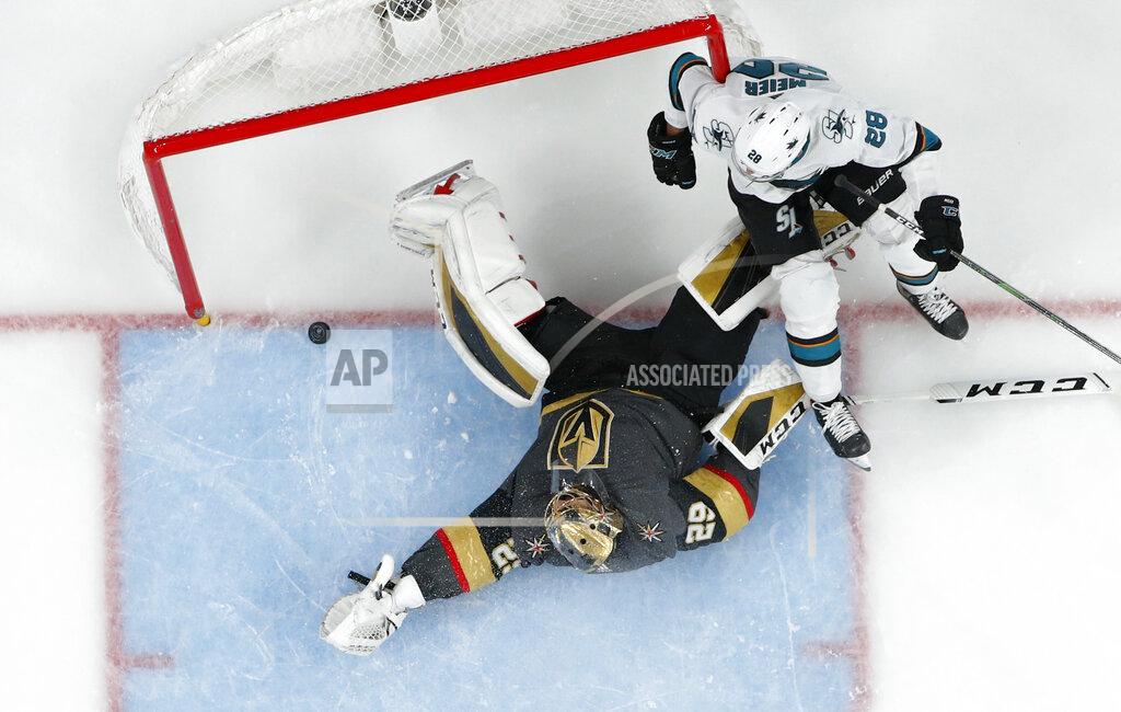 San Jose Sharks right wing Timo Meier (28) falls into the net after scoring against Vegas Golden Knights goaltender Marc-Andre Fleury (29) during the second period of an NHL hockey game Thursday, Nov. 21, 2019, in Las Vegas. (AP Photo/John Locher)
