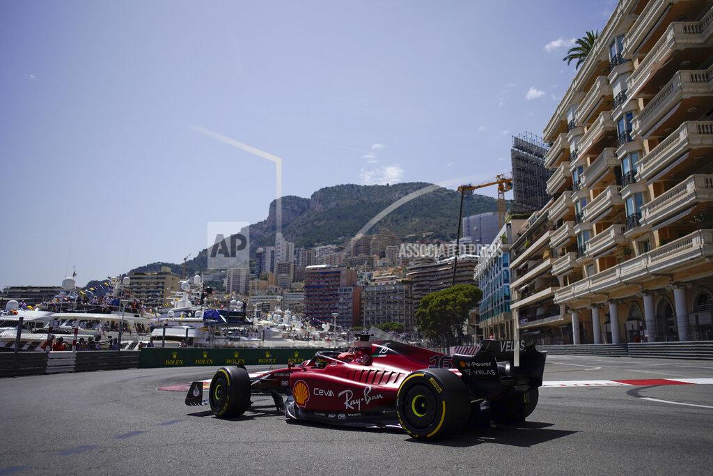 Daniel Cole Ferrari driver Charles Leclerc of Monaco steers his car during the first free practice at the Monaco racetrack, in Monaco, Friday, May 27, 2022. The Formula one race will be held on Sunday. (AP Photo/Daniel Cole)