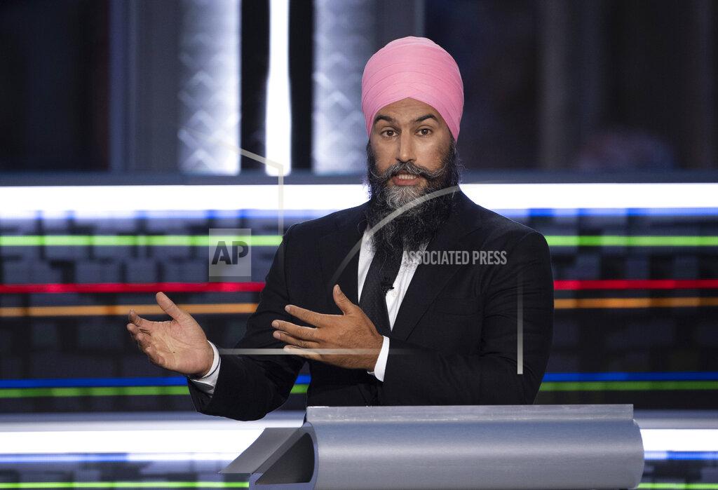 Justin Tang New Democratic Party leader Jagmeet Singh speaks during the federal election French-language leaders debate, Wednesday, Sept. 8, 2021, in Gatineau, Quebec. (Justin Tang/The Canadian Press via AP)