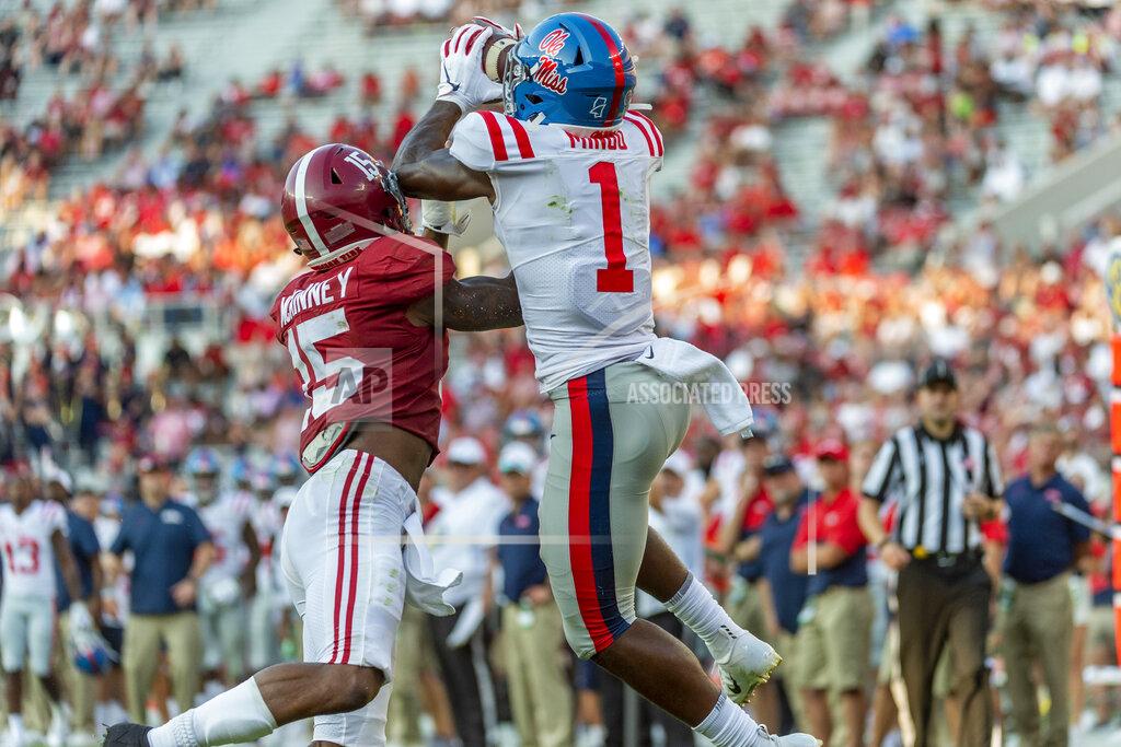 Vasha Hunt Mississippi wide receiver Jonathan Mingo (1) grabs a touchdown pass over Alabama defensive back Xavier McKinney (15) during the second half of an NCAA college football game, Saturday, Sept. 28, 2019, in Tuscaloosa, Ala. (AP Photo/Vasha Hunt)