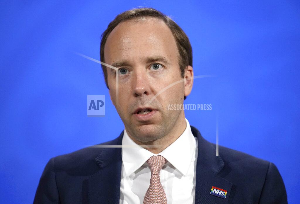 Matt Dunham FILE - In this Thursday, May 27, 2021 file photo, Britain's Health Secretary Matt Hancock speaks during a coronavirus media briefing in Downing Street in London. Britain’s health secretary said Sunday, June 6, 2021 the delta variant, which is fast becoming the dominant coronavirus variant in the U.K., is 40 percent more transmissible compared to the country’s existing strains. Hancock admitted that the rise in the delta variant cases may delay the government’s plan to lift most remaining lockdown restrictions on June 21. He also said he wouldn’t rule out continuing measures such as face masks in public settings and working from home where possible. (AP Photo/Matt Dunham, Pool, File)